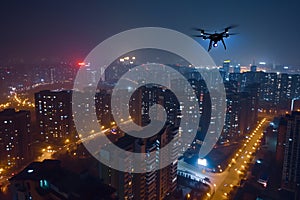 flying drone above the city at snowy winter night