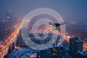 flying drone above the city at snowy winter night