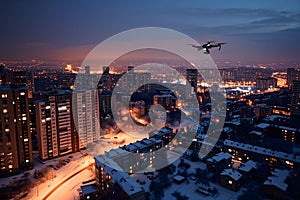 flying drone above the city at snowy winter night