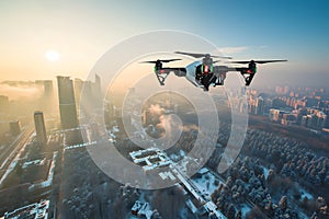 flying drone above the city at winter morning