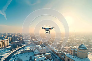 flying drone above the city at winter morning