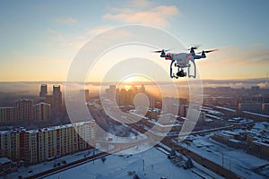flying drone above the city at winter morning