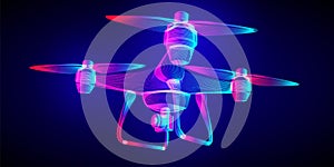 Flying drone with an aerial photo or action video camera. Outline vector Quadrocopter wireframe in a fluorescent neon line art