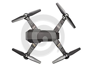 Flying drone with four propellers and  camera for shooting video and photos. Black drone top view isolated on white background