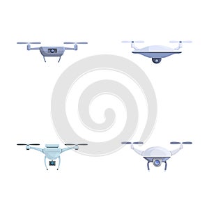 Flying drone icons set cartoon vector. Drone quadrocopter with camera