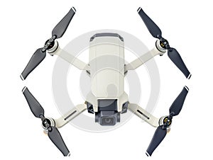 A flying drone isolated on transparent background.