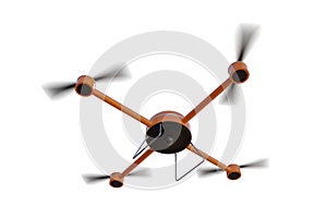 Flying drone isolated on white background. View from bottom. 3D rendered illustration