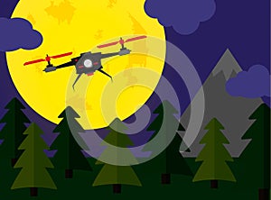 Flying drone night forest scene with fullmoon
