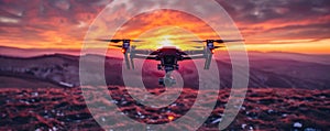 Flying drone over sunset mountain landscape with camera pointing down