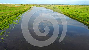 Flying a drone over the surface of the lake.