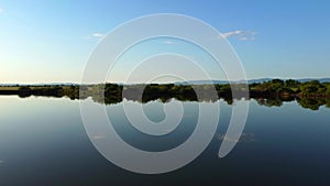 Flying a drone over the surface of the lake.