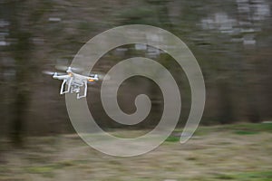 Flying drone in panning motion