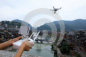 Flying drone taking photo of the ancient city