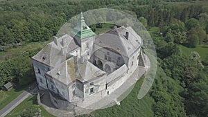 Flying on drone to historic castle and park in Olesko - famous ukrainian sightseeing