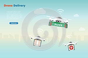 Flying drones delivery pizza, medicine and shipments to customer. Idea for drone delivery service, modern autonomous