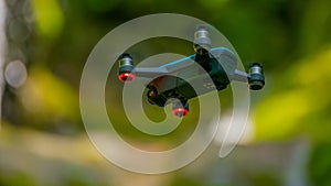 flying drones on green background blurred photo