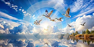Flying Ducks with Blue Sky and Soft Clouds