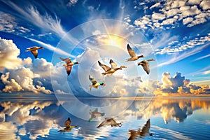Flying Ducks with Blue Sky and Soft Clouds
