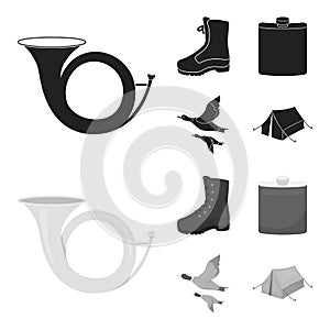 Flying ducks, flask, boots, tent..Hunting set collection icons in black,monochrome style vector symbol stock