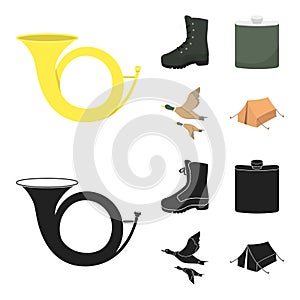 Flying ducks, flask, boots, tent..Hunting set collection icons in cartoon,black style vector symbol stock illustration
