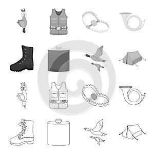 Flying ducks, flask, boots, tent..Hunting set collection icons in outline,monochrome style vector symbol stock