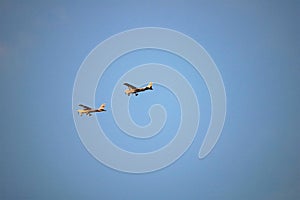 Flying duo in a blue sky background, as seen from my backyard.