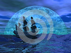 Flying dutchman boat by night - 3D render