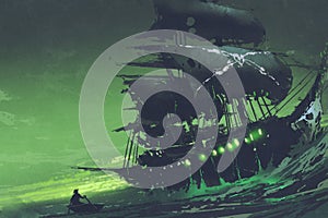 Flying Dutchman ghost pirate ship in the sea with mysterious green light