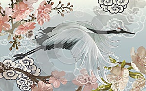 Flying elegant white Japanese crane