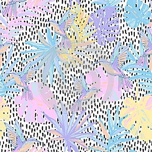 Flying exotic birds, palm, monstera leaves seamless pattern