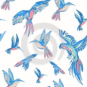 Flying exotic birds seamless pattern. Colorful parrots, humming bird background