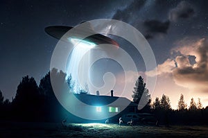 Flying extraterrestrial saucer UFO in the night sky. Alien abduction scene with lights. Generative Ai Illustration