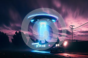 Flying extraterrestrial saucer UFO in the night sky. Alien abduction scene with lights. Generative Ai Illustration