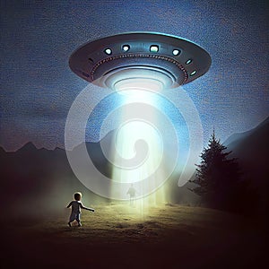 Flying extraterrestrial saucer UFO in the night sky. Alien abduction scene with lights. Generative Ai Illustration