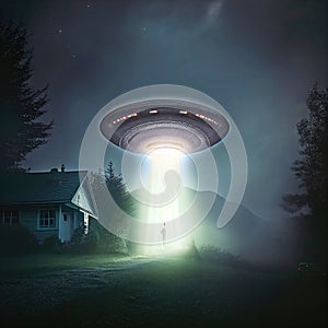 Flying extraterrestrial saucer UFO in the night sky. Alien abduction scene with lights. Generative Ai Illustration