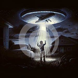 Flying extraterrestrial saucer UFO in the night sky. Alien abduction scene with lights. Generative Ai Illustration