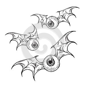 Flying eyeballs with creepy demon wings hand drawn black and white halloween theme print design isolated vector illustration photo