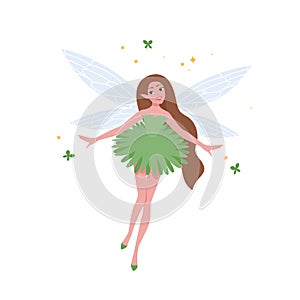 Flying fairy in beautiful dress and with long brunette hair isolated on white background. Folkloric magical creature