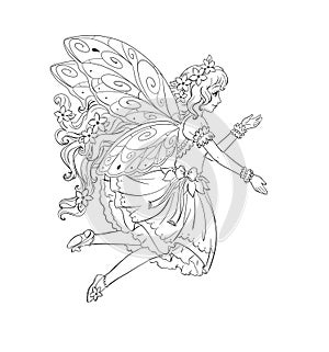 Flying fairy decorative coloring book isolated illustration