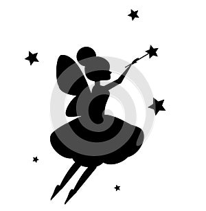 Flying fairy flapping magic wand. Black silhouette isolated on white background