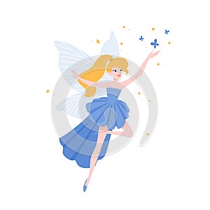 Flying fairy in gorgeous elegant gown isolated on white background. Mythological or folkloric winged magical creature