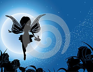 Flying fairy silhouette with flowers in night sky