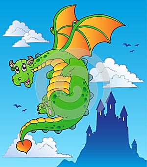 Flying fairy tale dragon near castle