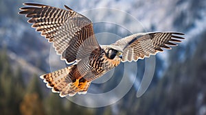 Flying falcon in the nature background. Generative AI.
