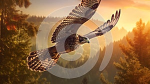 Flying falcon in the nature background. Generative AI.