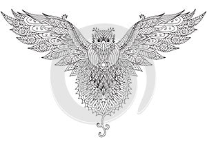 Flying falcon zendoodle design for t-shirt graphic,tattoo,logo and adult coloring photo