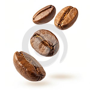 Flying and falling fresh coffee beans on a transparent background