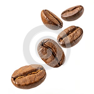 Flying and falling fresh coffee beans on a transparent background