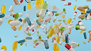 Flying, falling pills. different colored tablets, capsules. Health care concept. Antibiotics inside pills, vitamins