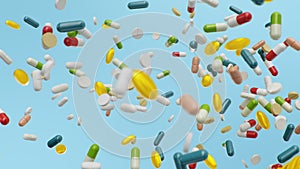 Flying, falling pills. different colored tablets, capsules. Health care concept. Antibiotics inside pills, vitamins